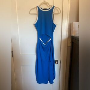 Size S, Blue and white ribbed midi dress with front cut out